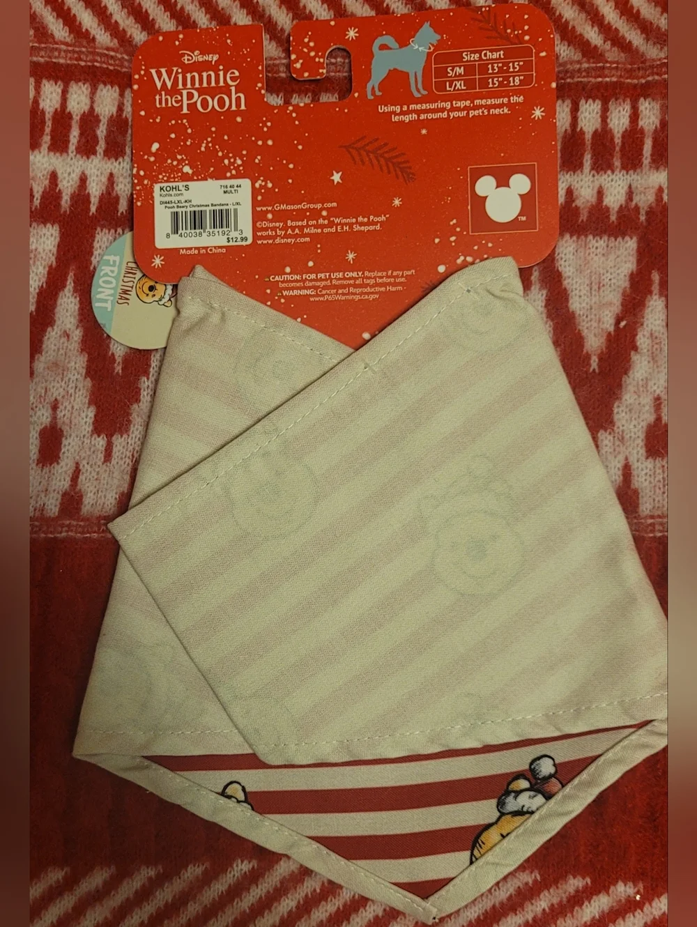 Disney Winnie the Pooh Cream & Red Striped Reversible Pet Bandana, L/XL